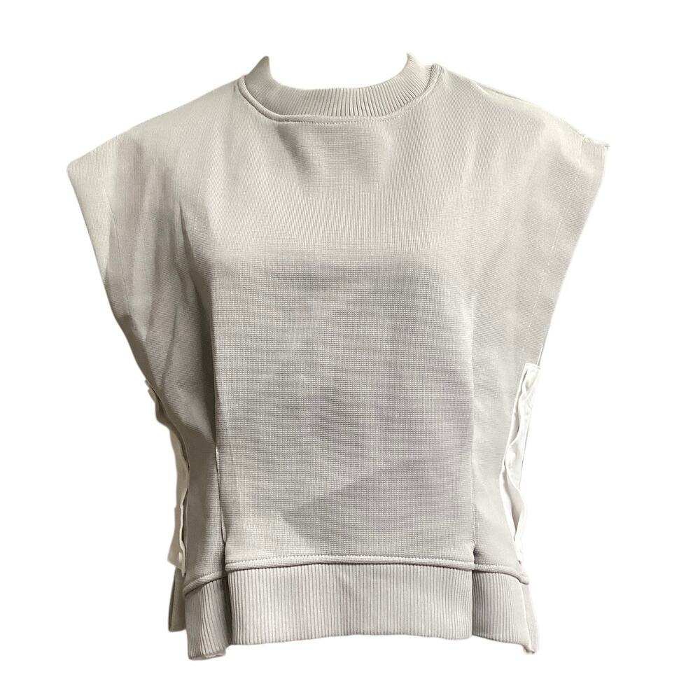 The Vault sleeveless ribbed knit boxy silhouette top pleated front Large gray